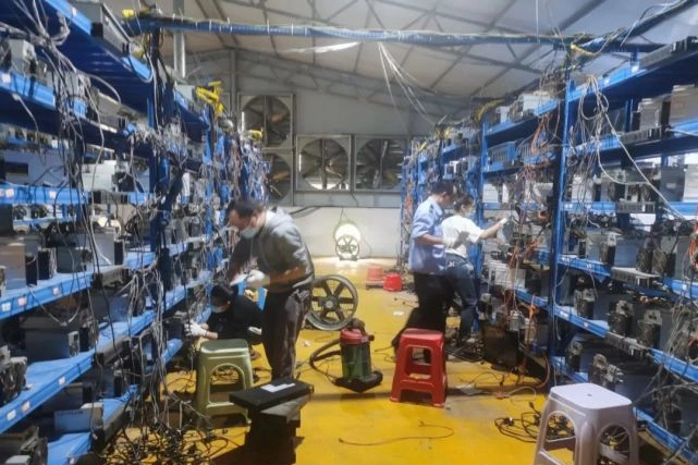A sprawling, high-tech mining farm filled with rows of mining rigs humming with energy